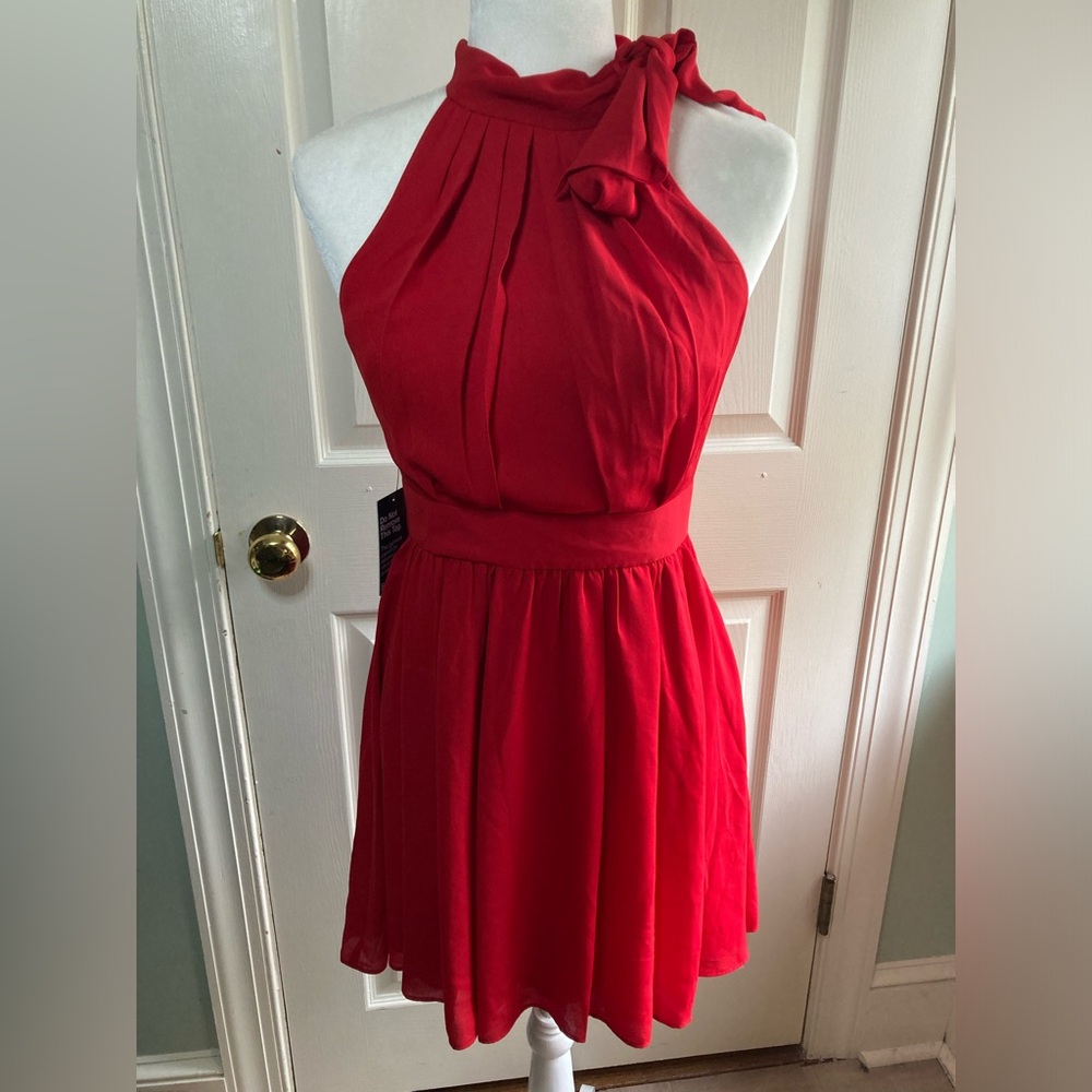 Express Red High Neck Halter Dress with Bow
